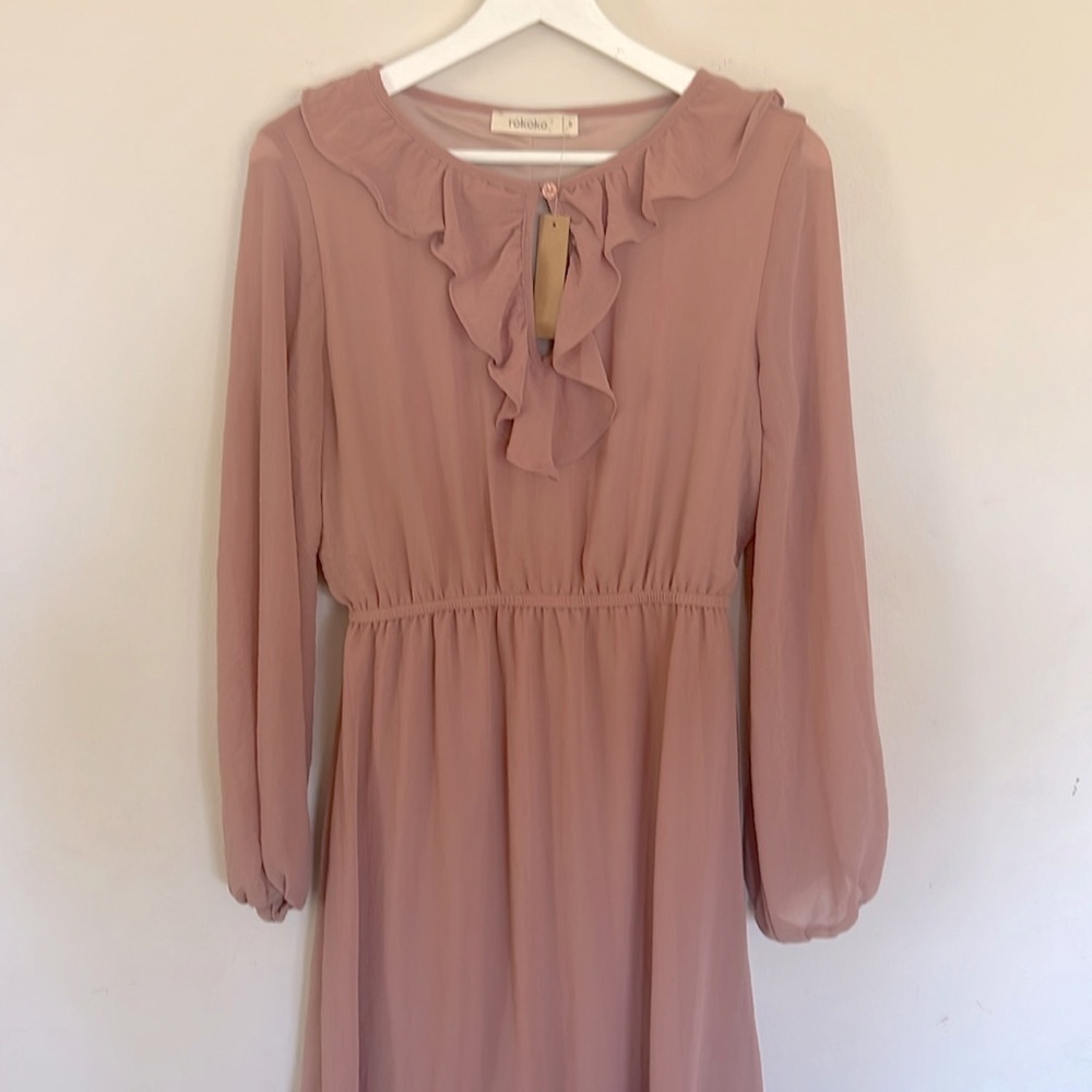 Rokoko dusty rose color Tiered Sundress with Bishop Sleeves and Collar